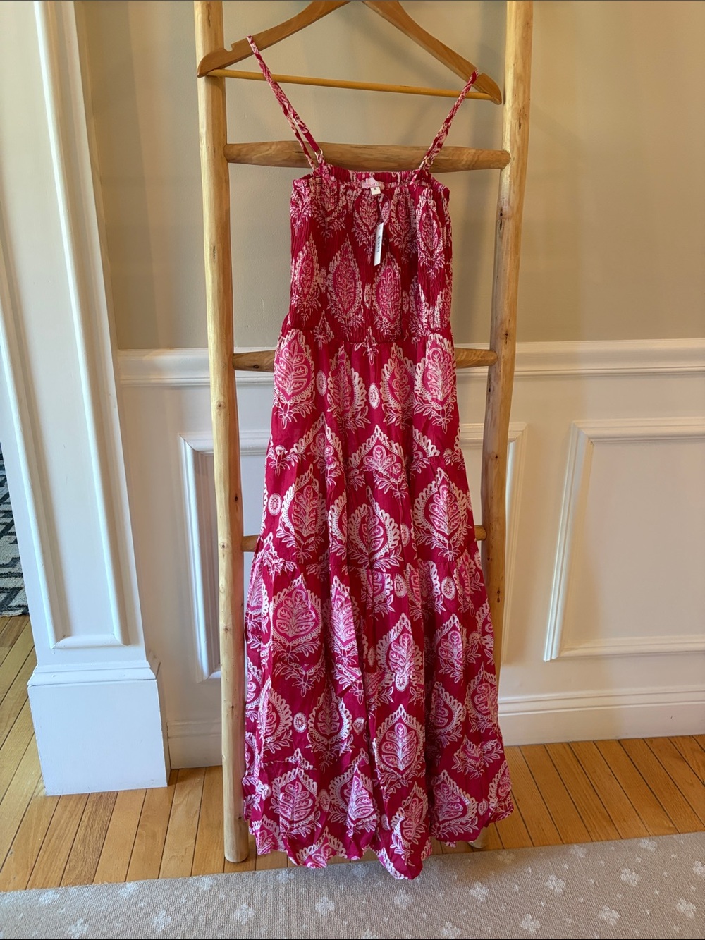 Women’s Hot Pink Printed Maxi Dress with Adjustable Spaghetti Straps.